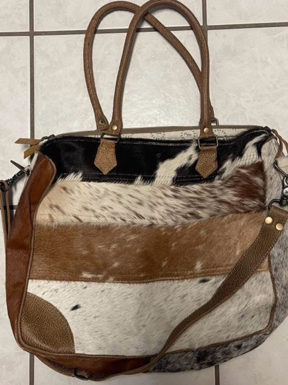 Leather and Haircalf Patchwork laptop Bag in Brown & White